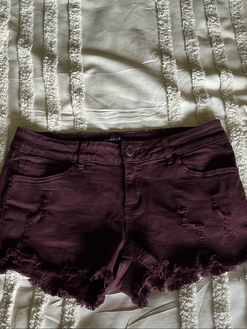 Angels Maroon Distressed Denim Cutoff Shorts